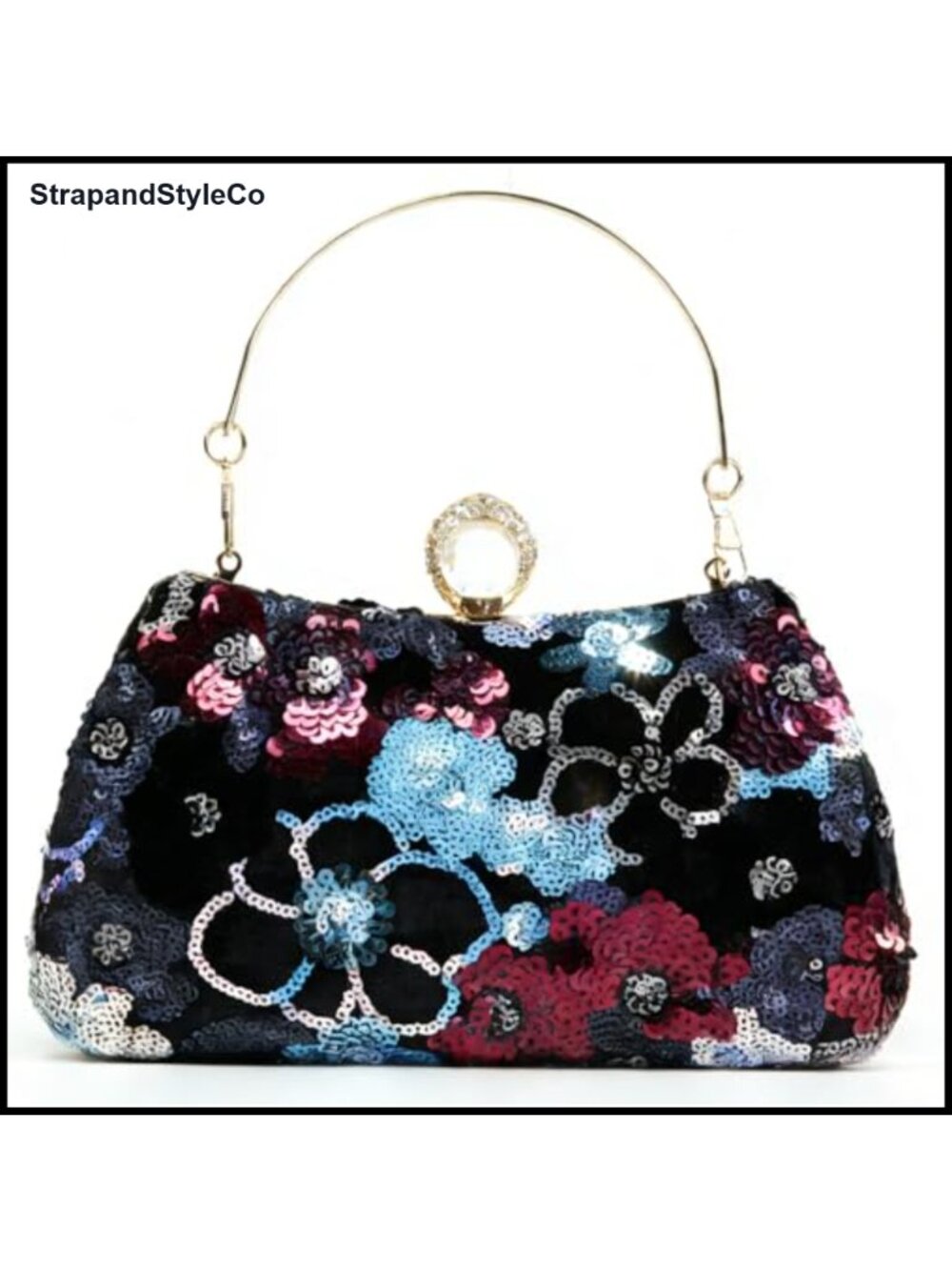 Floral Sequin Evening Clutch Crossbody Purse with Detachable Chain